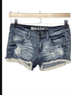 Machine Lace Trim Distressed Denim Jean Shorts